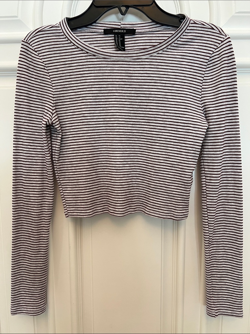 Forever 21 Purple and Gray Striped Long-Sleeve Crop Top